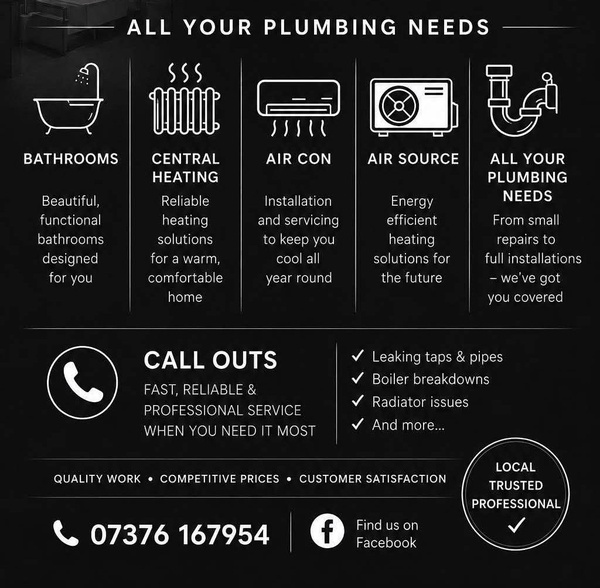 J Matthews service overview: bathrooms, central heating, air conditioning, air-source heating, plumbing repairs and installations, and call-outs for leaks, boiler breakdowns and radiator issues. Call 07376 167954.